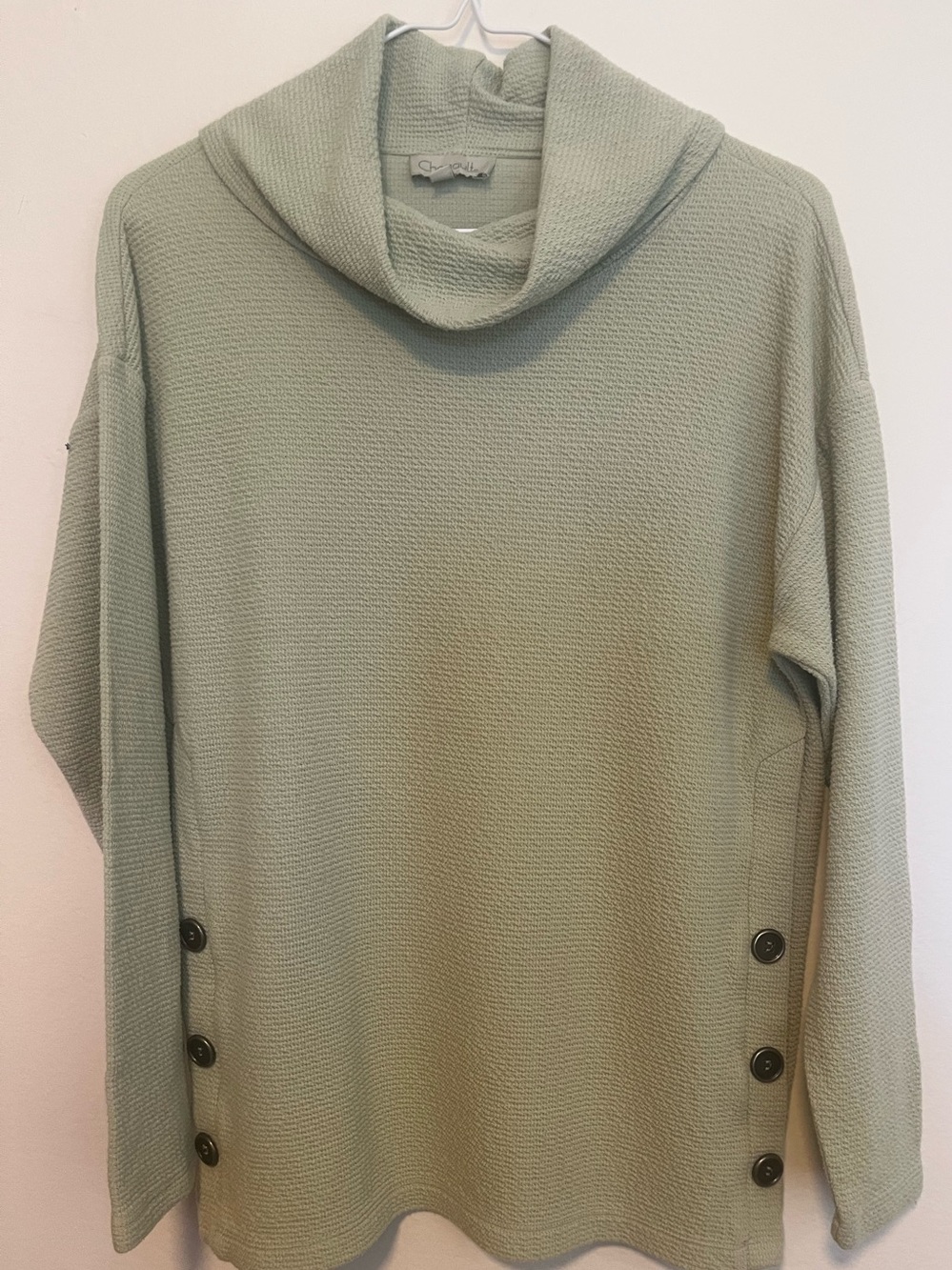 Chenault Sage Green Cowl Neck Sweater with Side Buttons